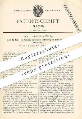 original Patent - Emil v. d. Bosch , Berlin , 1881 , künstl. Dachsbau , Fuchsbau | Dachs , Hund , Fuchs | Dressur !!