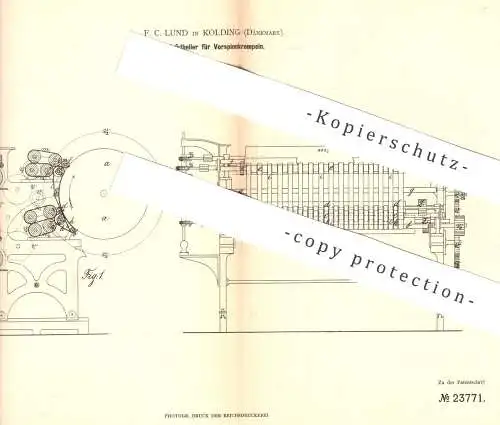 original Patent - F. C. Lund , Kolding , Dänemark , 1883 , Vliesteiler für Vorspinnkrempeln | Spinnen , Spinnmaschine