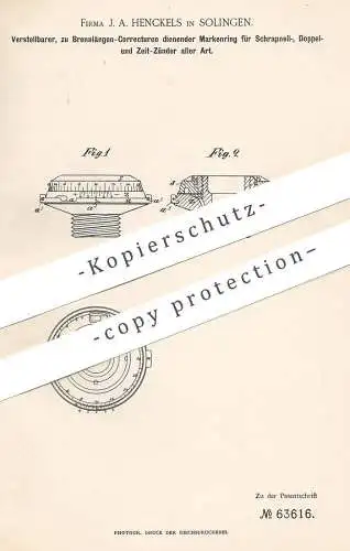 original Patent - J. A. Henckels , Solingen , 1892 , Markenring für Schrappnell - Zünder | Zeitzünder | Waffen , Gewehr