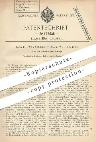 original Patent - Ludwig Stuckenholz , Wetter / Ruhr , 1905 , Kran mit aufrichtbarem Ausleger | Seilzug , Aufzug , Winde