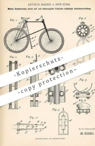 original Patent - Arthur Harris , New York , USA , Antrieb für Fahrräder | Fußpedale | Fahrrad - Schaltung | Schaltwerk