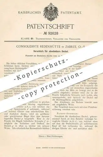 original Patent - Consolidierte Redenhütte , Zabrze , 1896 , Verschluss für abnehmbare Deckel | Fass , Behälter , Glas