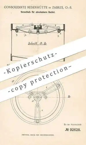 original Patent - Consolidierte Redenhütte , Zabrze , 1896 , Verschluss für abnehmbare Deckel | Fass , Behälter , Glas