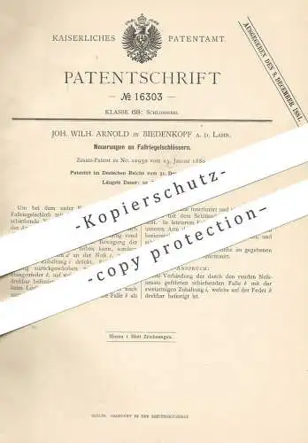 original Patent - Joh. Wilh. Arnold , Biedenkopf / Lahn 1880 | Fallriegelschloss | Türschloss | Tür  Schloss | Schlosser