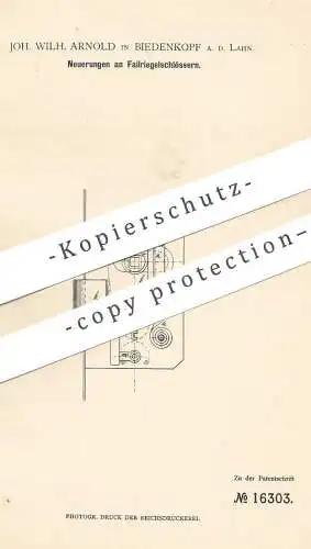 original Patent - Joh. Wilh. Arnold , Biedenkopf / Lahn 1880 | Fallriegelschloss | Türschloss | Tür  Schloss | Schlosser