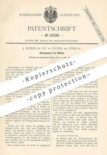 original Patent - J. Weber & Co. , Uster / Zürich / Schweiz , 1881 , Alarmapparat für Mühlen | Mühle , Mehl , Getreide