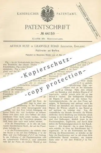 original Patent - Arthur Rust , Granville Road , Leicester , England , 1887 , Füllrohr an Ofen | Ofenbauer , Ofenrohr !