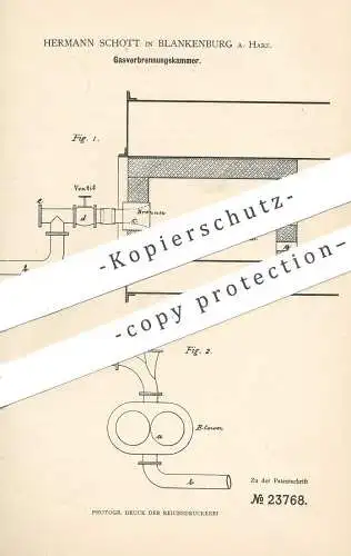 original Patent - Hermann Schott , Blankenburg / Harz , 1883 , Gasverbrennungskammer | Gas - Verbrennungskammer | Ofen !