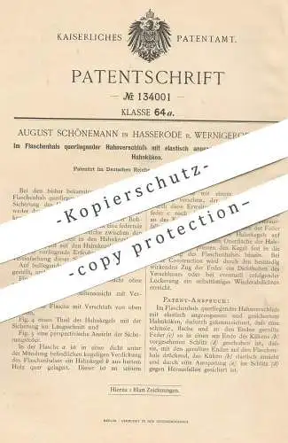 original Patent - August Schönemann , Hasserode / Wernigerode / Harz , 1901 , Im Flaschenhals liegender Hahnverschluss