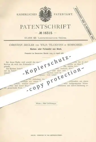 original Patent - Christian Ziegler , Wilh. Tillmanns , Remscheid , 1881 , Öhr für Harke , Forke | Rechen | Blech !!!