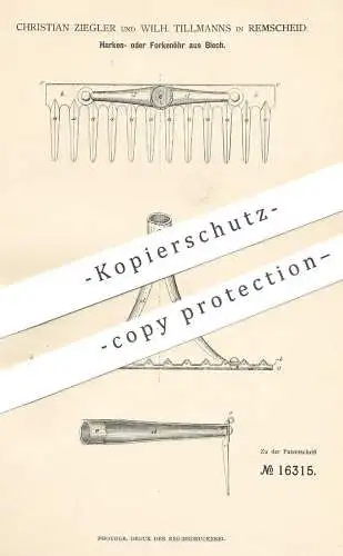 original Patent - Christian Ziegler , Wilh. Tillmanns , Remscheid , 1881 , Öhr für Harke , Forke | Rechen | Blech !!!