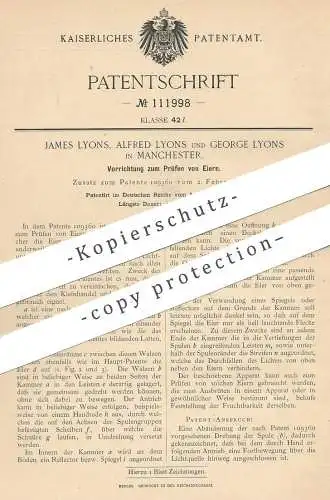 original Patent - James , Alfred und George Lyons , Manchester , England  1899 , Prüfen der Eier | Ei | Walze | Hühnerei