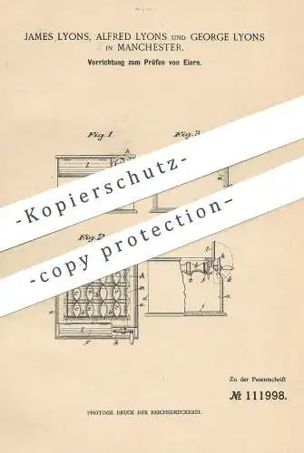 original Patent - James , Alfred und George Lyons , Manchester , England  1899 , Prüfen der Eier | Ei | Walze | Hühnerei