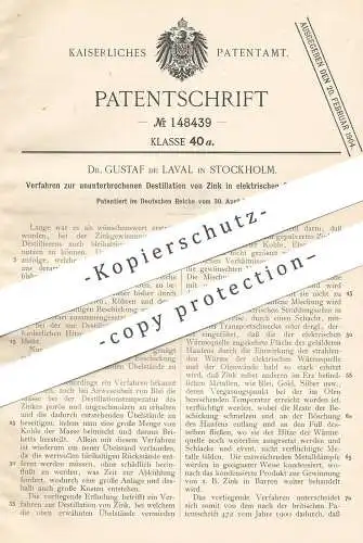 original Patent - Dr. Gustaf de Laval , Stockholm , Schweden , 1901 , Destillation von Zink im elektr. Ofen | Erz , Erze