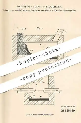 original Patent - Dr. Gustaf de Laval , Stockholm , Schweden , 1901 , Destillation von Zink im elektr. Ofen | Erz , Erze