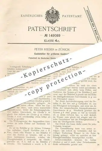 original Patent - Peter Rieder , Zürich , Schweiz , 1903 , Gasbehälter für größeren Gasdruck | Gas , Gase !!!