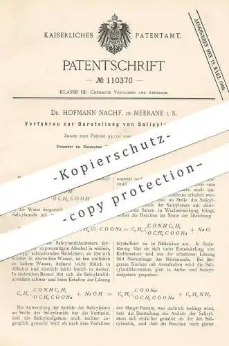 original Patent - Dr. Hofmann Nachf. , Meerane , 1899 , Darstellung von Salicylessigäure | Essig - Säure | Chemie !!