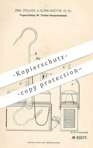 original Patent - Emil Zöllner , Königshütte 1894 | Trage für Taschen - Bergwerkslampe | Taschenlampe , Bergwerk , Lampe