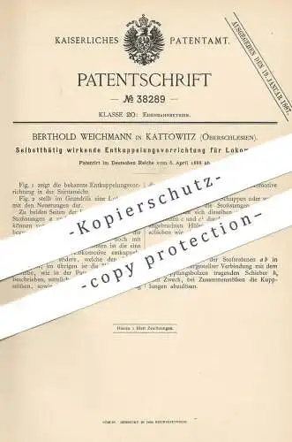 original Patent - Berthold Weichmann , Kattowitz / Oberschlesien | Entkupplung für Lokomotive | Kupplung , Eisenbahn