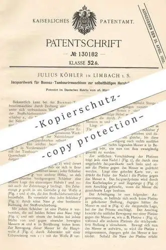 original Patent - Julius Köhler , Limbach , 1901 , Jaquardwerk für Bonnaz - Tambouriermaschine | Stoff - Muster , Gewebe