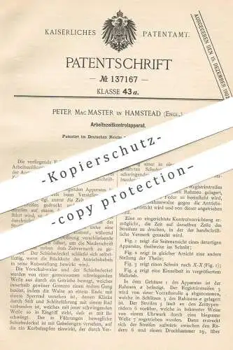 original Patent - Peter Mac Master , Hamstead , England , 1902 , Arbeitszeit - Kontrollapparat | Zeit - Überwachung !!!