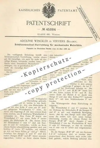 original Patent - Adolphe Winckler , Verviers , Belgien , 1888 , Schützenwechsel für Webstuhl | Webstühle | Weber !!!