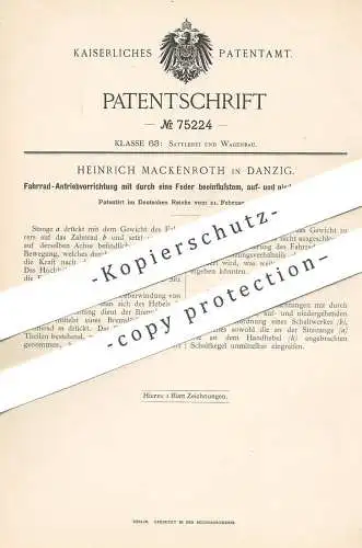 original Patent - Heinrich Mackenroth , Danzig / Polen , 1893 , Fahrrad - Antrieb | Fahrräder | Zahnrad , Rad , Räder !!