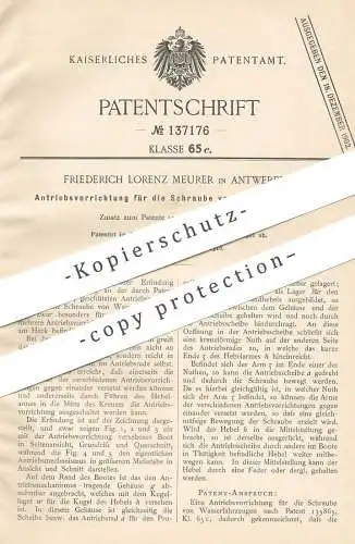 original Patent - Friedrich Lorenz Meurer , Antwerpen / Belgien , 1901 , Antrieb der Schraube v. Wasserfahrzeug | Schiff