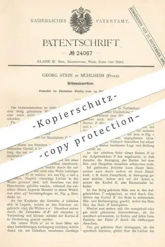 original Patent - Georg Stein , Mühlheim / Pfalz 1883 , Grünmalzsortierer | Malz - Sortierer | Maische , Bier , Brauerei