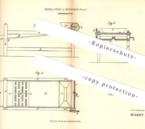 original Patent - Georg Stein , Mühlheim / Pfalz 1883 , Grünmalzsortierer | Malz - Sortierer | Maische , Bier , Brauerei