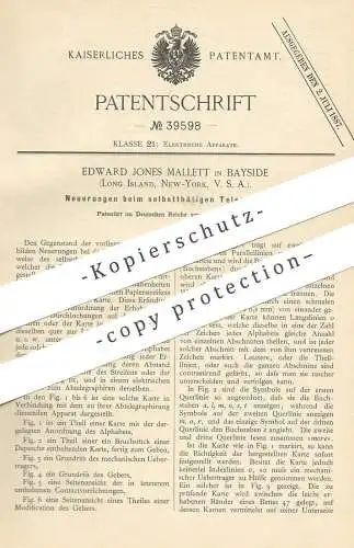 original Patent - Edward Jones Mallett , Bayside , Long , Island , New York , USA , 1886 , Telegraphie , Telegraphy !!!