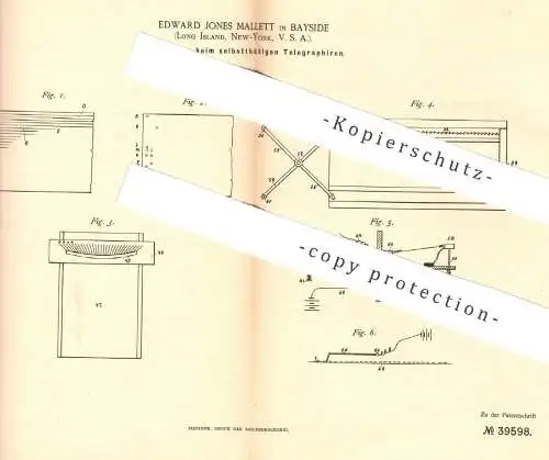 original Patent - Edward Jones Mallett , Bayside , Long , Island , New York , USA , 1886 , Telegraphie , Telegraphy !!!