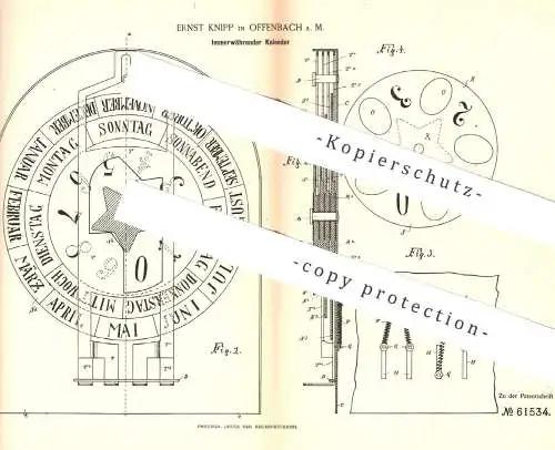 original Patent - Ernst Knipp , Offenbach / Main , 1891 , Immerwährender Kalender | Kalendarium | Uhr , Zeit !!!