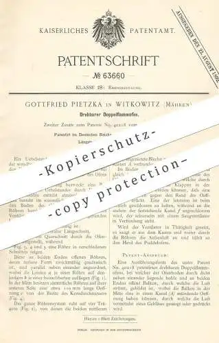 original Patent - Gottfried Pietzka , Witkowitz / Mähren , 1891 , Drehbarer Doppelflammofen | Flammofen | Ofen , Eisen