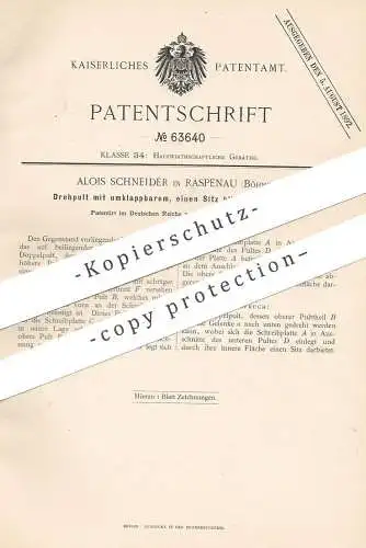 original Patent - Alois Schneider , Raspenau / Böhmen , 1891 , Drehpult , Pult | Rednerpult , Sitz , Bank !!