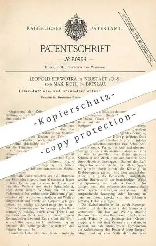 original Patent - Leopold Serwotka , Neustadt | Max Kohl , Breslau , 1894 , Antrieb u. Bremse für Fahrräder | Fahrrad !!