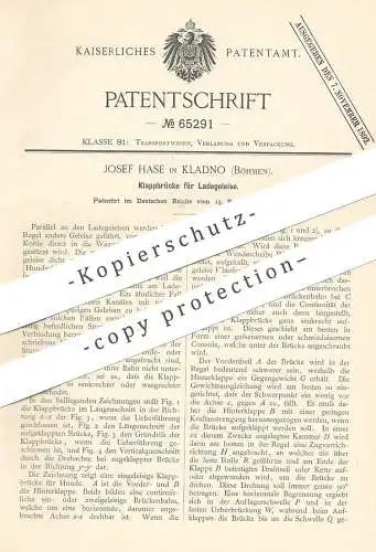 original Patent - Josef Hase , Kladno / Böhmen , 1892 , Klappbrücke für Ladegleise | Gleise , Eisenbahn , Brücke , Wagon