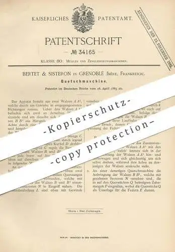 original Patent - Bertet & Sisteron , Grenoble , Isère , Frankreich , 1885 , Quetschmaschine | Mühle , Mühlen , Walze !