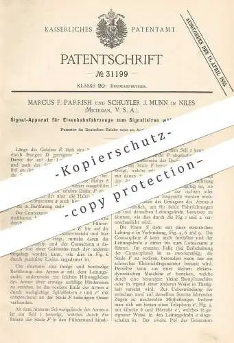 original Patent - Marcus F. Parrish , Schuyler J. Munn , Niles , Michigan USA 1884 | Signal für Eisenbahnen | Eisenbahn