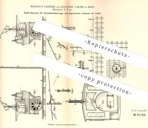 original Patent - Marcus F. Parrish , Schuyler J. Munn , Niles , Michigan USA 1884 | Signal für Eisenbahnen | Eisenbahn