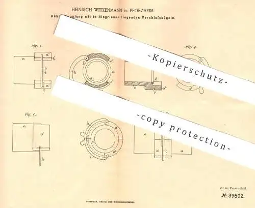 original Patent - Heinrich Witzenmann , Pforzheim , 1886 , Röhrenkupplung | Kupplung | Röhren , Rohr | Maschinen !!!