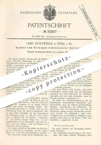 original Patent - Gebrüder Stollwerck , Köln / Rhein , 1885 , Syphon für kohlensaure Getränke | Kohlensäure , Brause !!!