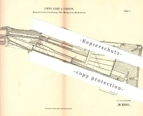 original Patent - Owen Jones , London , England , 1884 , Repetiervorrichtung für Magazin - Gewehr | Waffen , Patronen !!