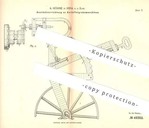 original Patent - A. Höhme , Riesa / Elbe , 1888 , Kartoffelgrabemaschine | Kartoffel - Erntemaschine | Kartoffeln !!!