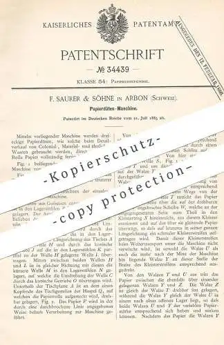 original Patent - F. Saurer & Söhne , Arbon , Schweiz , 1885 , Herst. von Papiertüten | Papier - Tüte | Beutel , Tüten