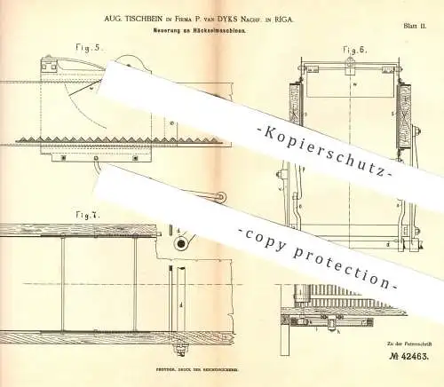 original Patent - Aug. Tischbein , P. van Dyks Nachf. , Riga / Russland | 1887 | Häckselmaschine | Spangenberg !!