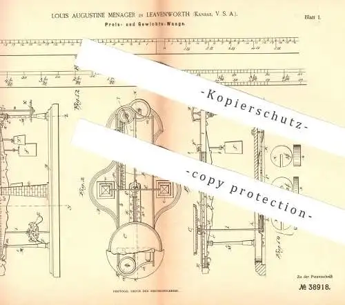 original Patent - Louis Augustine Menager , Leyvenworth , Kansas , USA , 1886 , Gewichtswaage | Waage , Preiswaage !!!