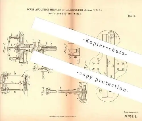 original Patent - Louis Augustine Menager , Leyvenworth , Kansas , USA , 1886 , Gewichtswaage | Waage , Preiswaage !!!