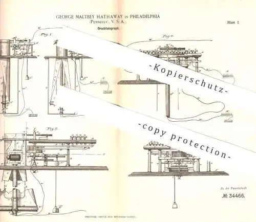 original Patent - George Maltbey , Hathaway , Philadelphia , USA , 1885 , Drucktelegraph | Druck - Telegraph | Strom !!!