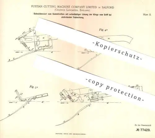 original Patent - Fustian Cutting Machine Company Limited , Salford Lancaster England | Schneidmesser für Stoff | Messer